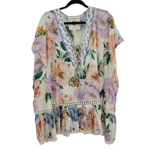 Womens Coverup Oversized Sheer Tiered Ruffle Corset Lace Floral Tunic Cape Sz S
